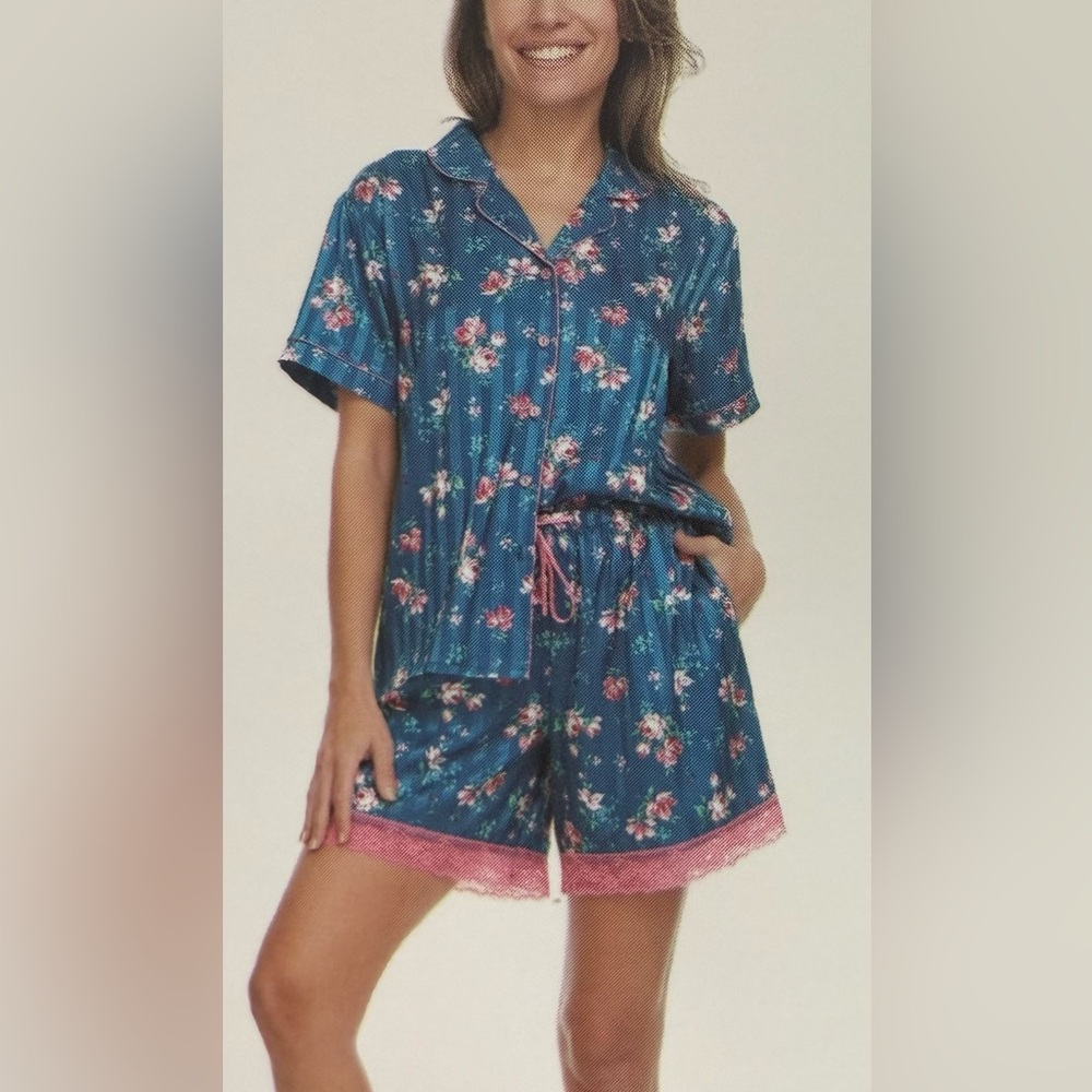 Flora Nikrooz Teal Floral Short Sleeve Pajama Set Relaxed Fit/Soft Satin, XL